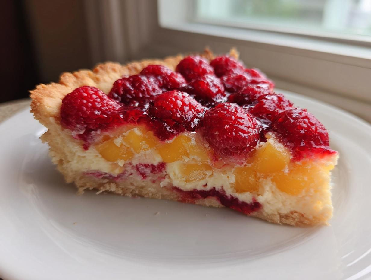 A close-up slice of a delicious raspberry mango tart showing layers of crust, cream, mango chunks, and fresh raspberries on top.