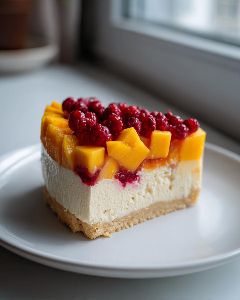 A close-up of a slice of raspberry mango tart featuring a graham cracker crust, creamy filling, topped with mango chunks and fresh raspberries.