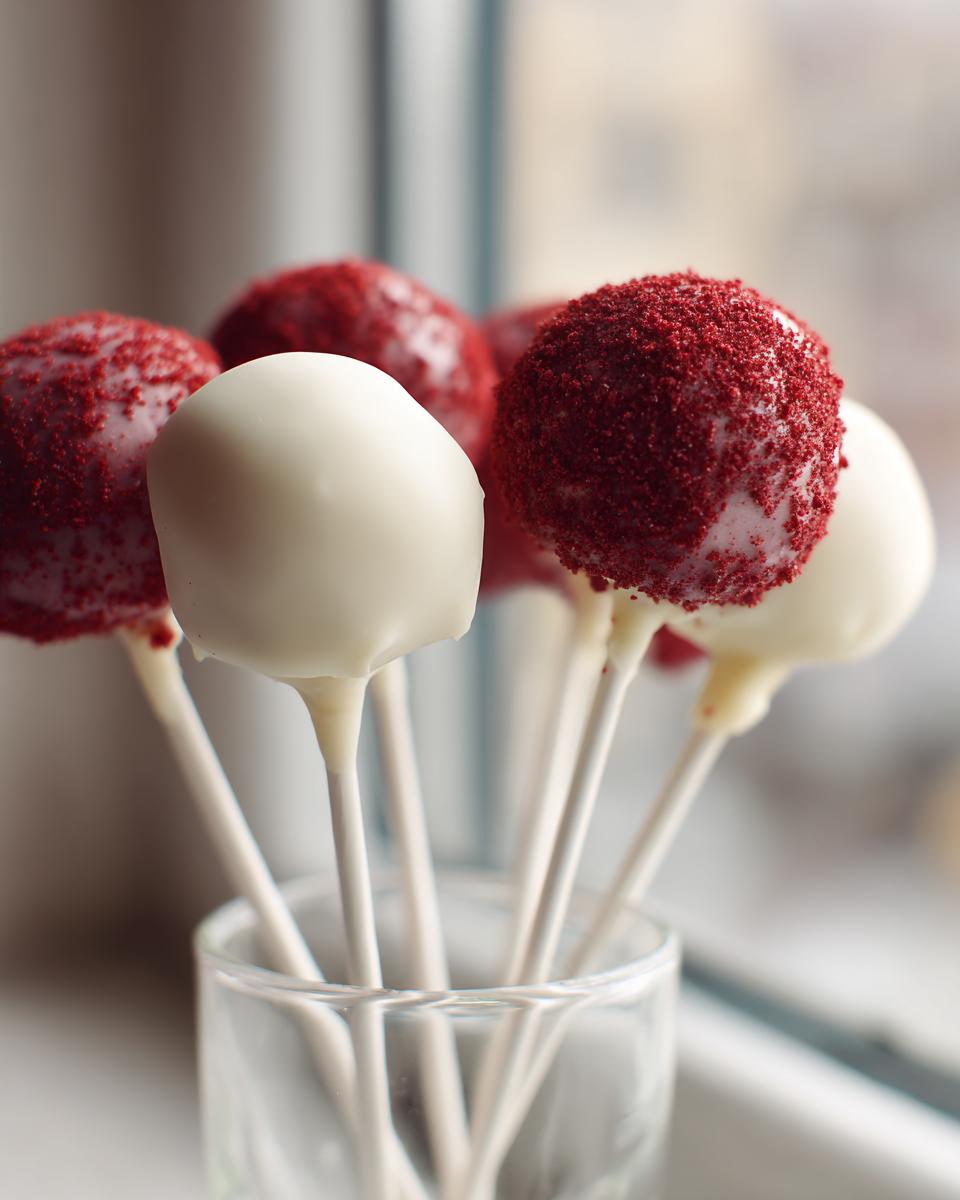 A close-up of several red velvet cake pops, some coated in white chocolate and others dusted with red crumbs.