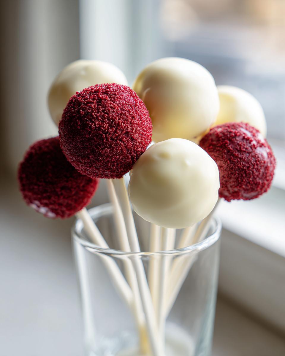 A bouquet of red velvet cake pops, some coated in red crumbs and others in smooth white chocolate.
