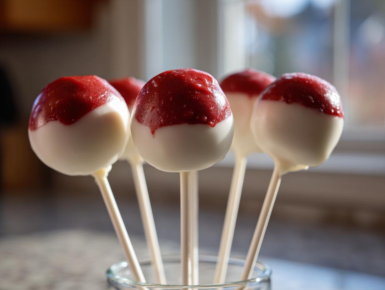 Close-up of several red velvet cake pops dipped in white chocolate with a vibrant red topping.