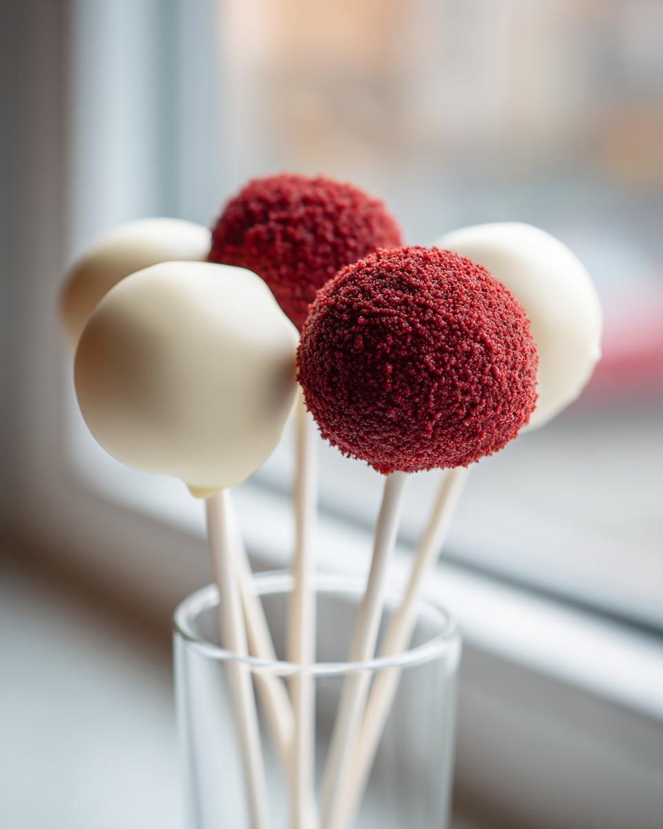Four red velvet cake pops, two coated in white chocolate and two covered in red crumbs, standing in a glass.