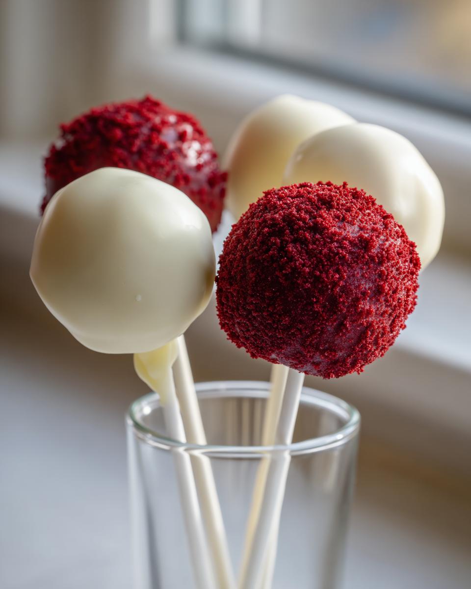 Four homemade red velvet cake pops, two dipped in white chocolate and two coated in red crumbs, standing in a clear glass.