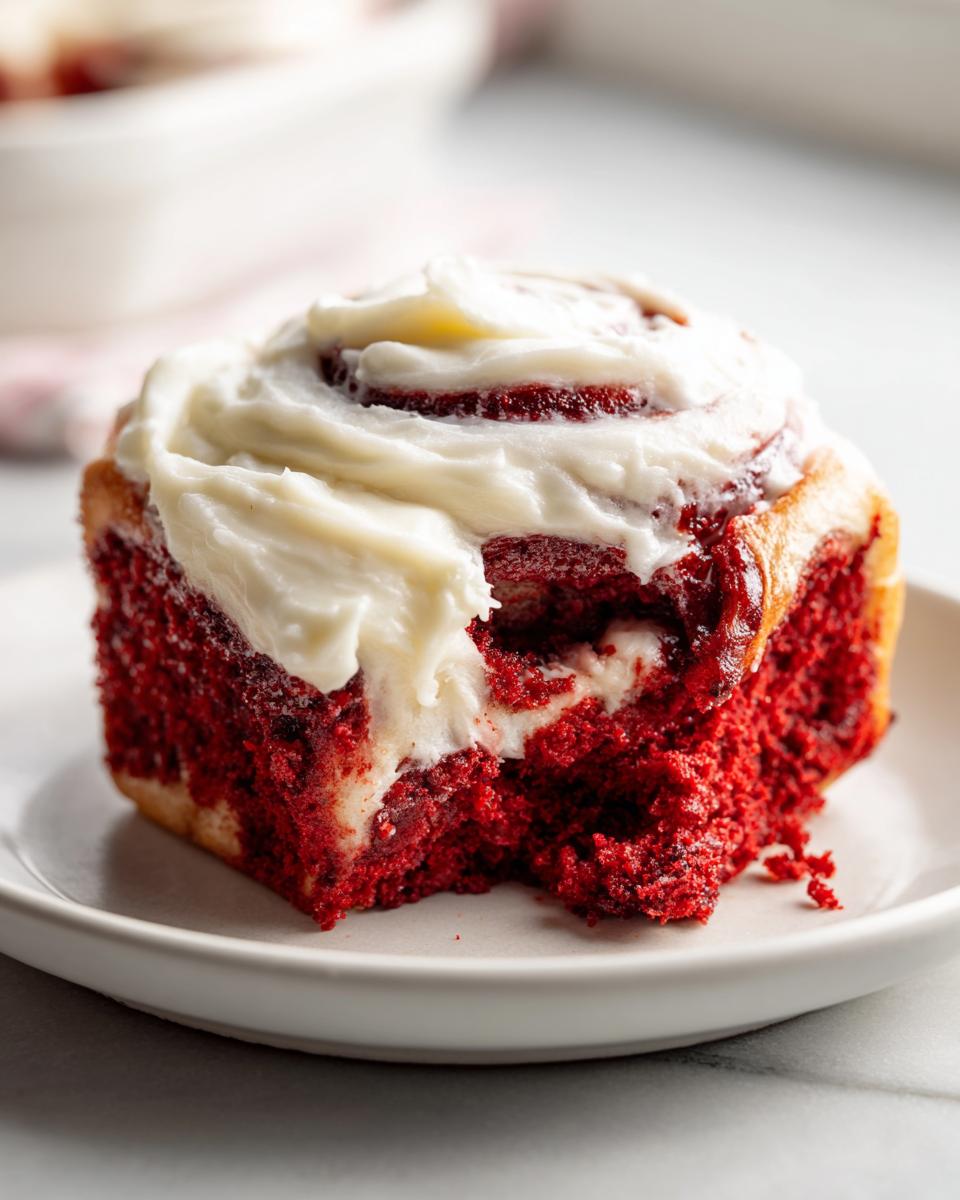 A close-up of a single, bright red velvet cinnamon rolls with a thick layer of cream cheese frosting, showing a bite taken out.