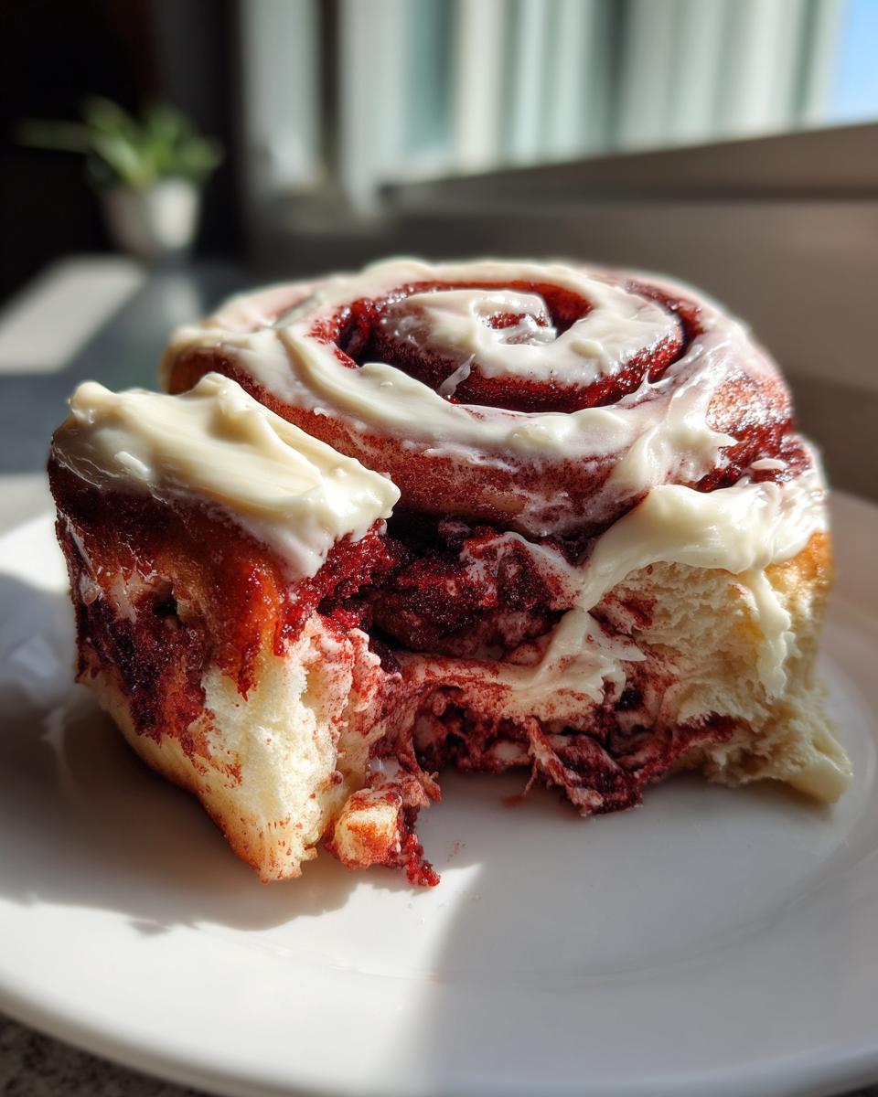 A close-up of a soft, gooey red velvet cinnamon rolls slice topped with thick white cream cheese frosting.