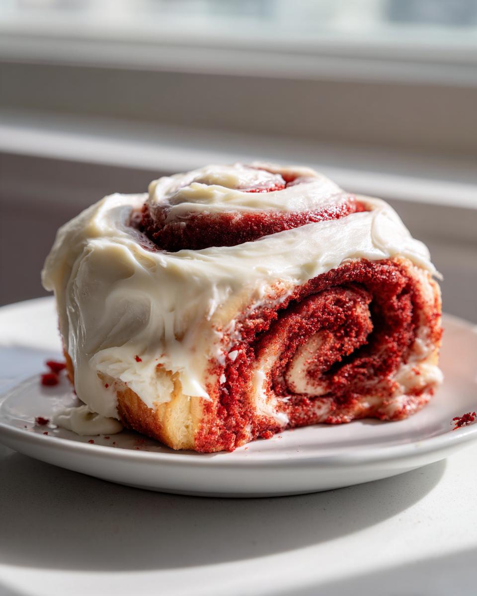A single, decadent red velvet cinnamon roll generously topped with white cream cheese frosting, sitting on a white plate.