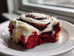 A single, vibrant red velvet cinnamon rolls slice topped generously with white cream cheese frosting, sitting on a white plate.