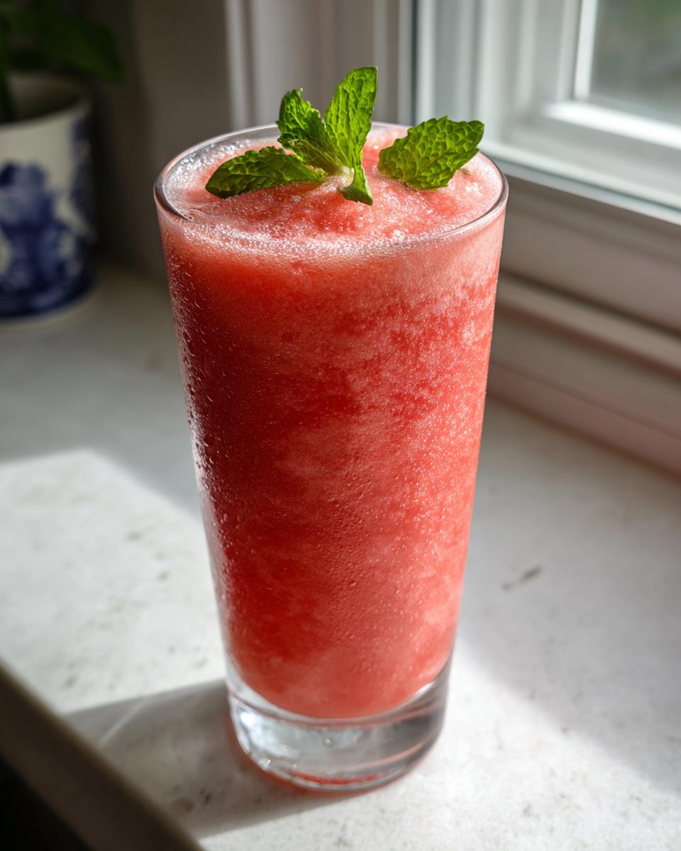 A tall glass of bright red, icy watermelon smoothie topped with fresh mint leaves.