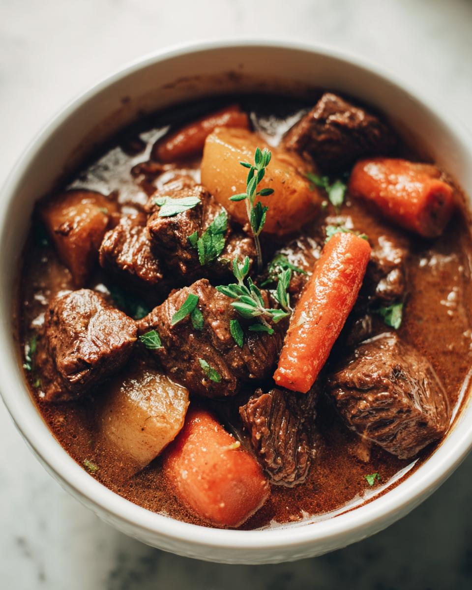 Close-up of a white bowl filled with rich, dark beef stew chunks, carrots, and potatoes, garnished with thyme.