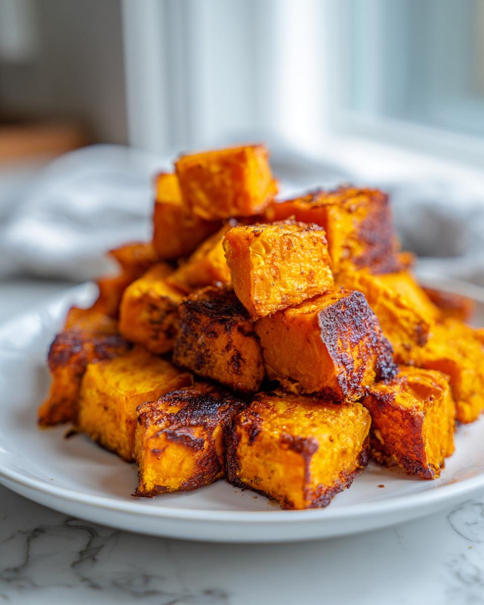 A pile of perfectly roasted sweet potato cubes with caramelized, slightly charred edges on a white plate.