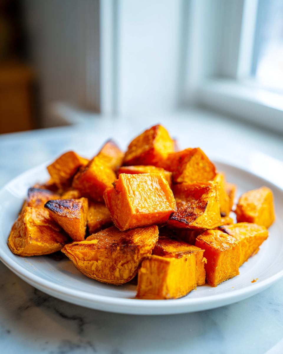 A close-up of perfectly caramelized and tender roasted sweet potato cubes piled high on a white plate.
