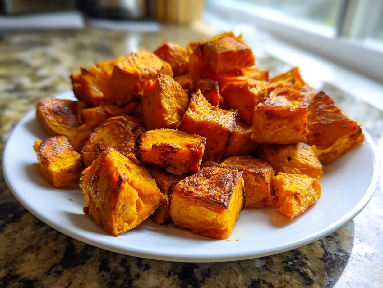 A close-up of golden brown, caramelized roasted sweet potato cubes piled high on a white plate.