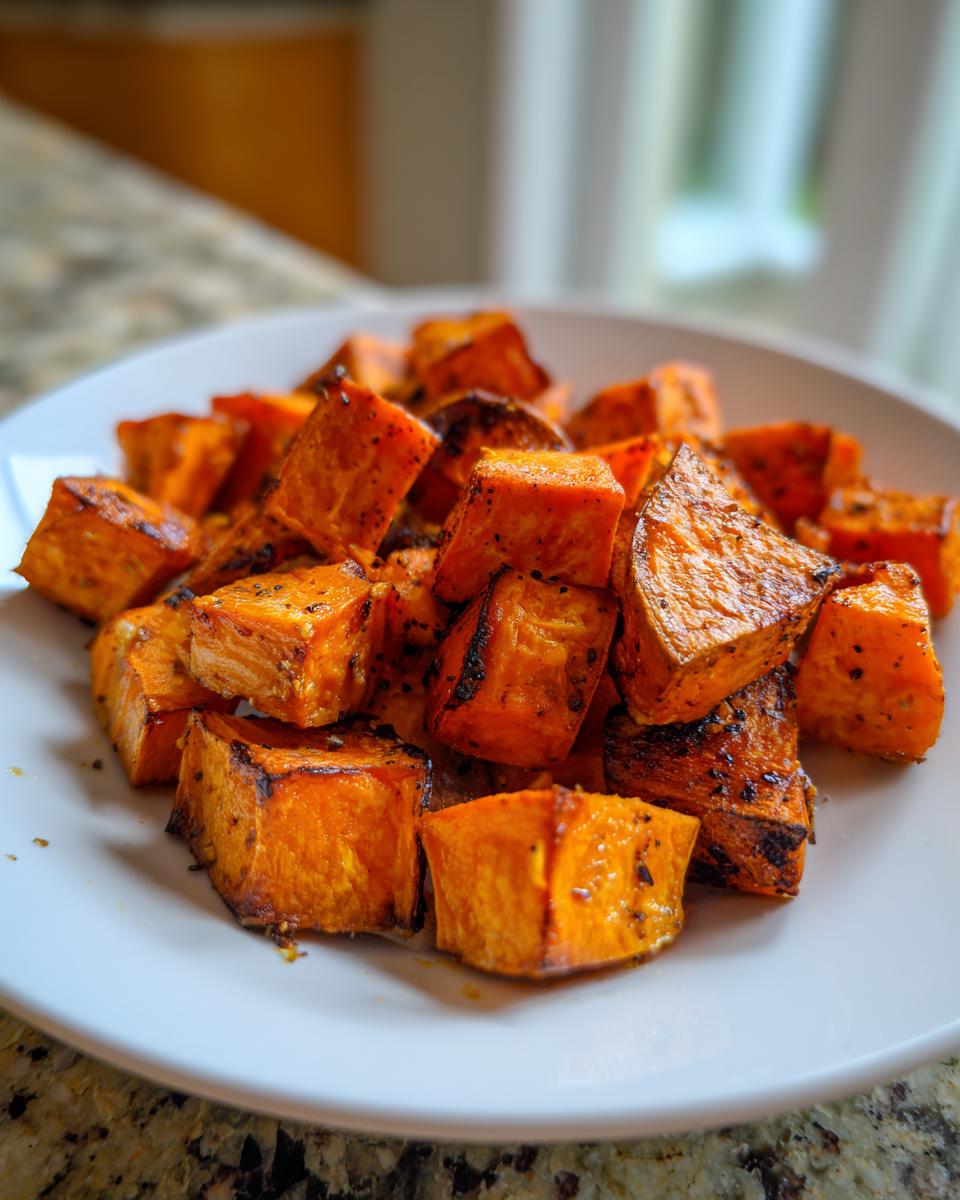 Close-up of perfectly seasoned and caramelized roasted sweet potato cubes piled on a white plate.