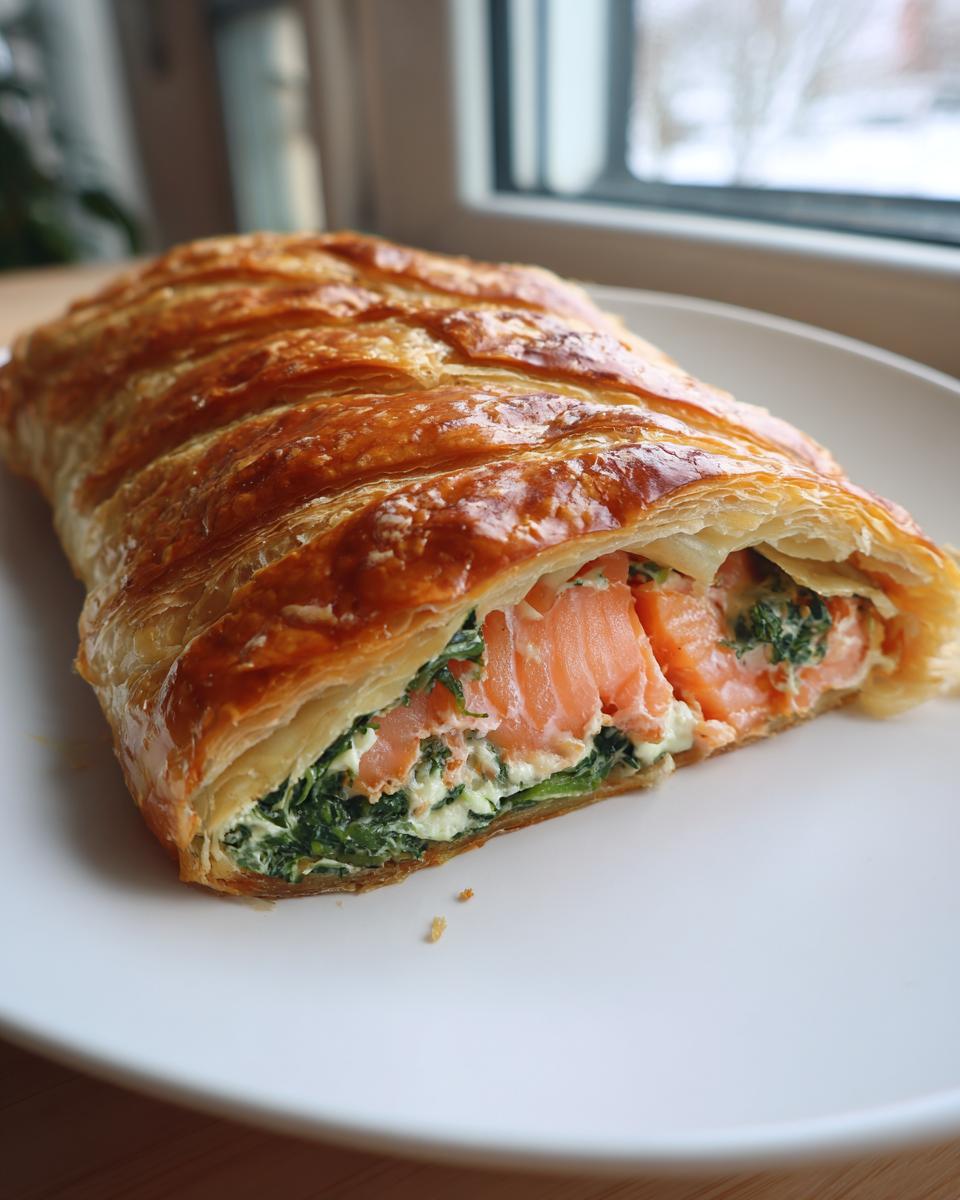 A close-up of a slice of salmon wellington showing flaky pastry, pink salmon, and creamy spinach filling.