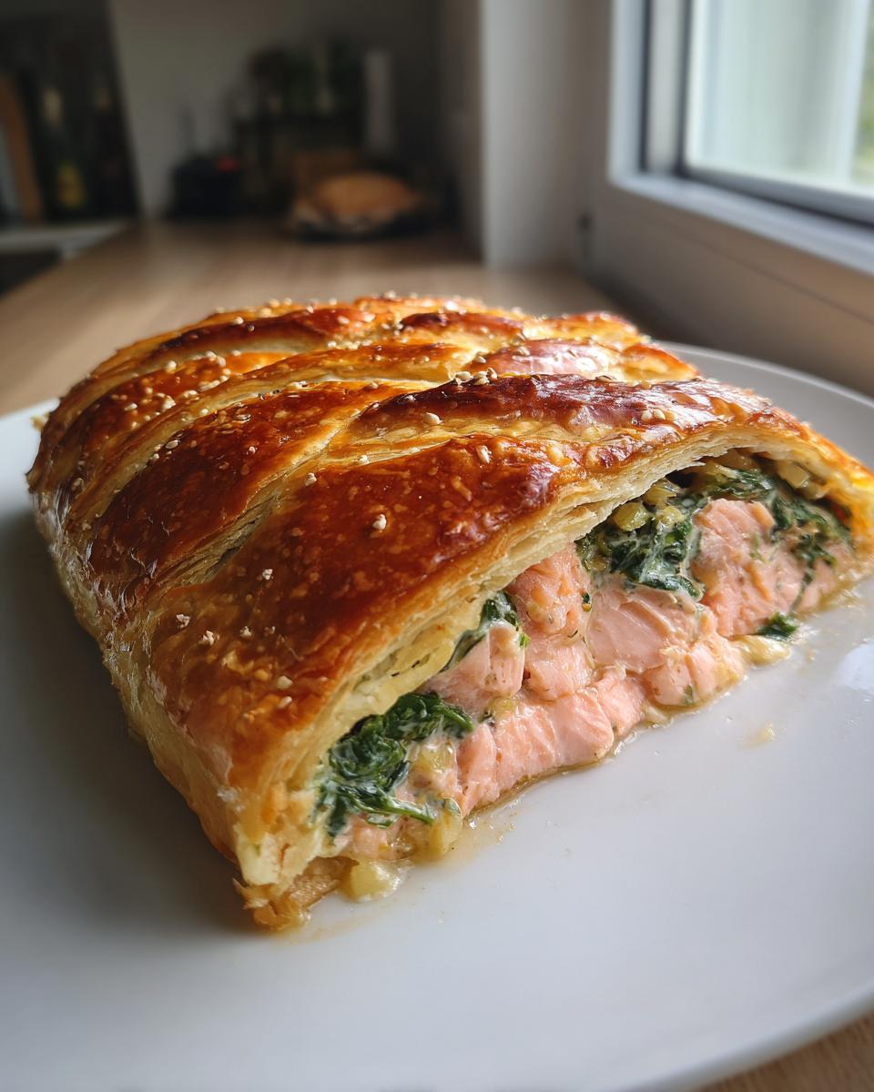 Cross-section of a perfectly baked salmon wellington showing pink salmon and green spinach wrapped in golden puff pastry.