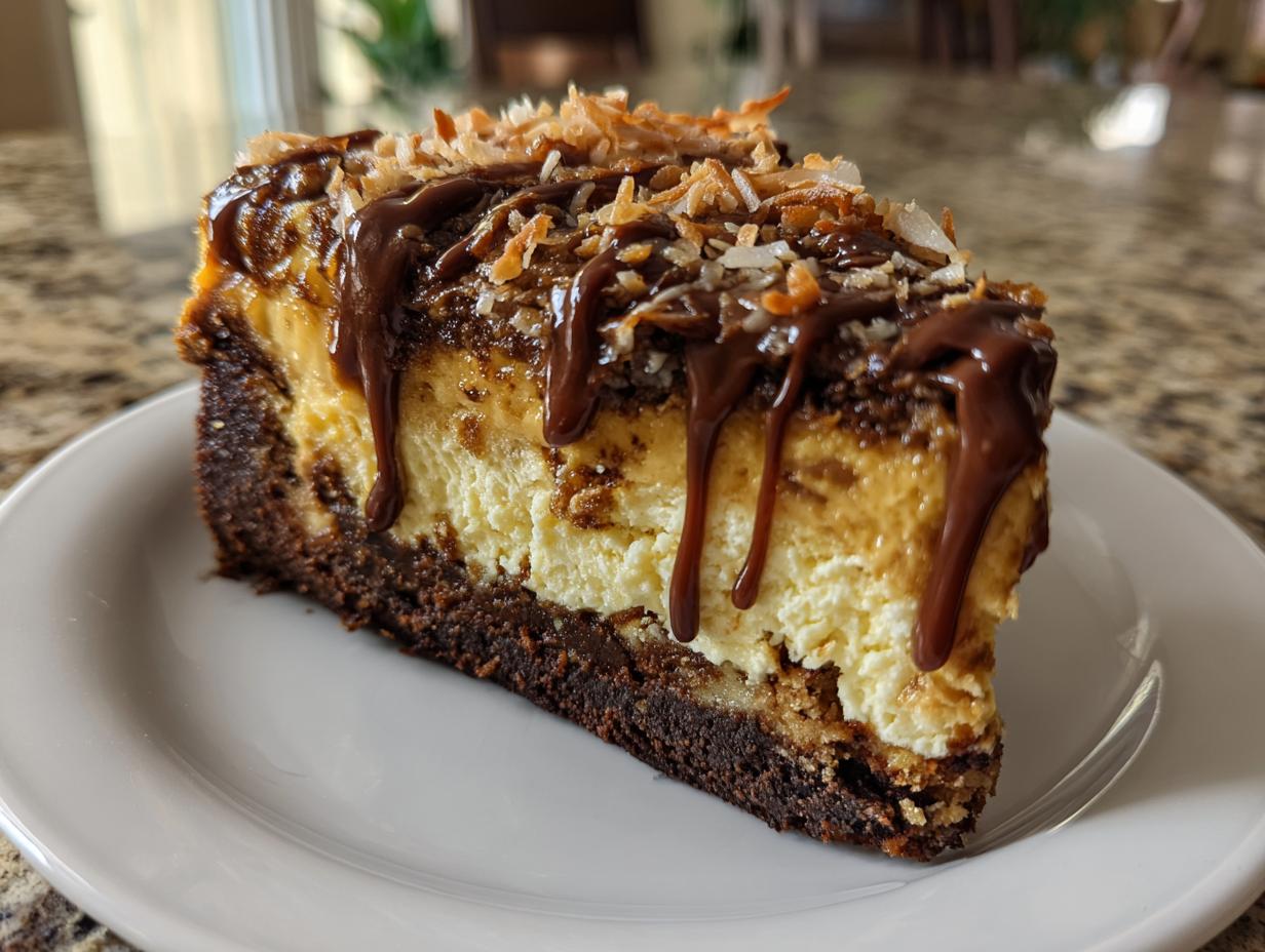 A close-up of a rich slice of Samoa Cheesecake featuring a dark crust, creamy filling, chocolate drizzle, and toasted coconut topping.