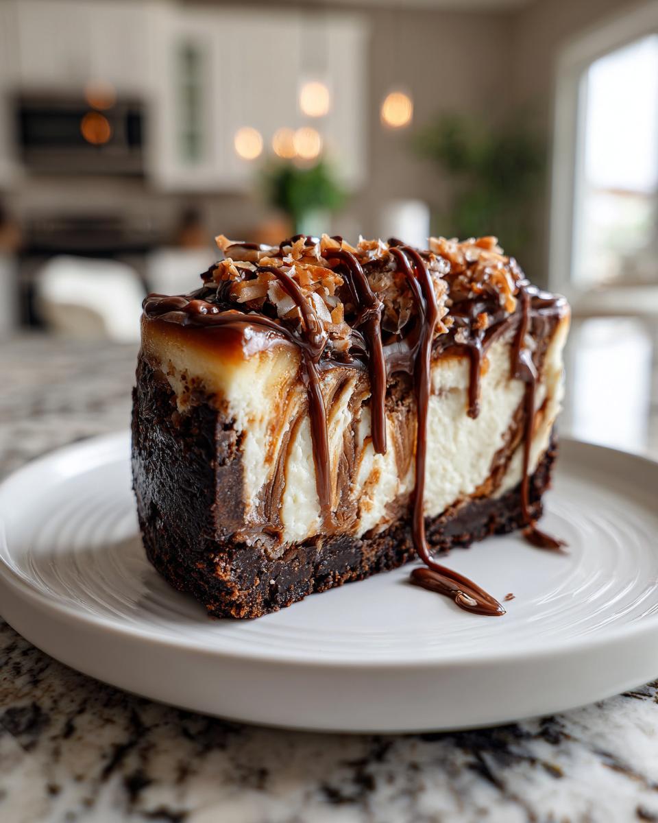 A rich slice of Samoa Cheesecake with a dark crust, topped with caramel, chocolate drizzle, and toasted coconut.