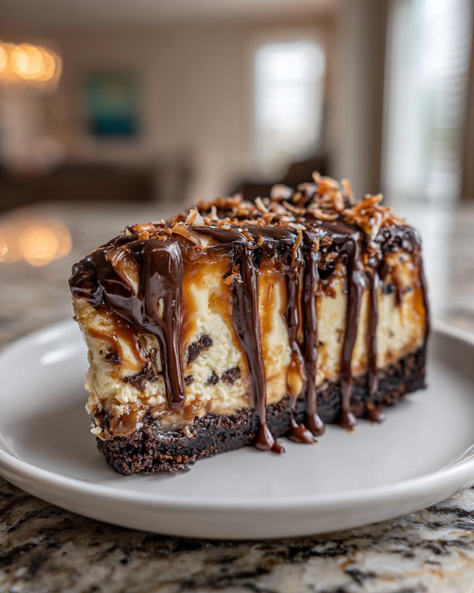 A rich slice of Samoa Cheesecake topped with chocolate drizzle, caramel, and toasted coconut flakes.