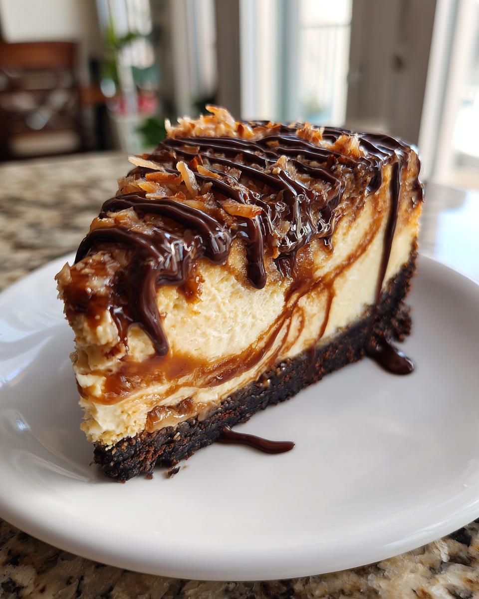A close-up slice of rich Samoa Cheesecake featuring a dark crust, creamy filling, caramel swirls, chocolate drizzle, and toasted coconut.