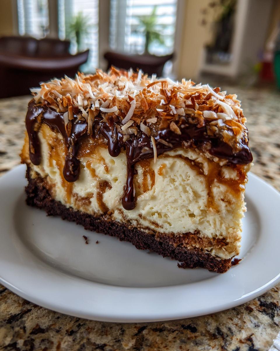 A close-up slice of rich Samoa Cheesecake topped with caramel, chocolate drizzle, and toasted coconut.