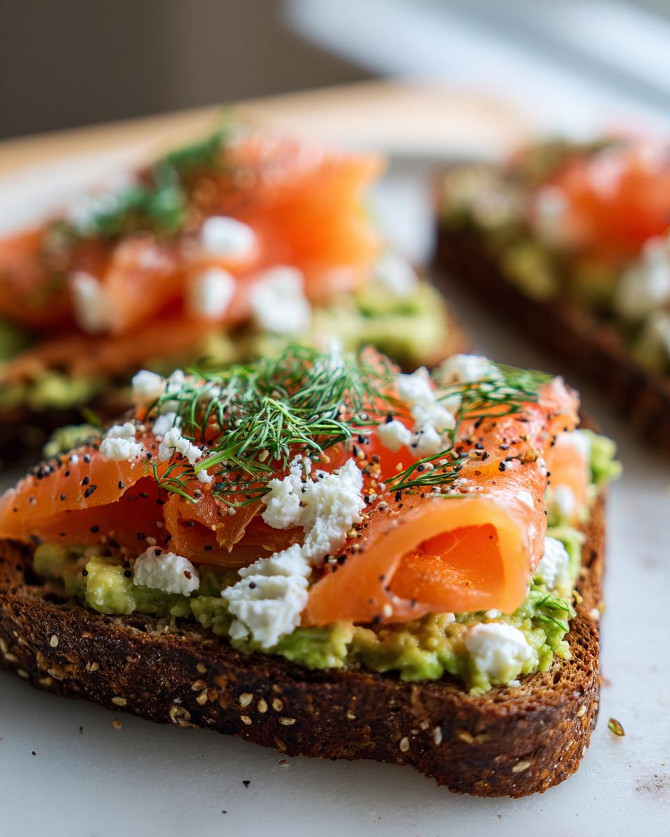 Close-up of savory protein avocado toast on dark seeded bread, topped with smoked salmon, feta cheese, and fresh dill.