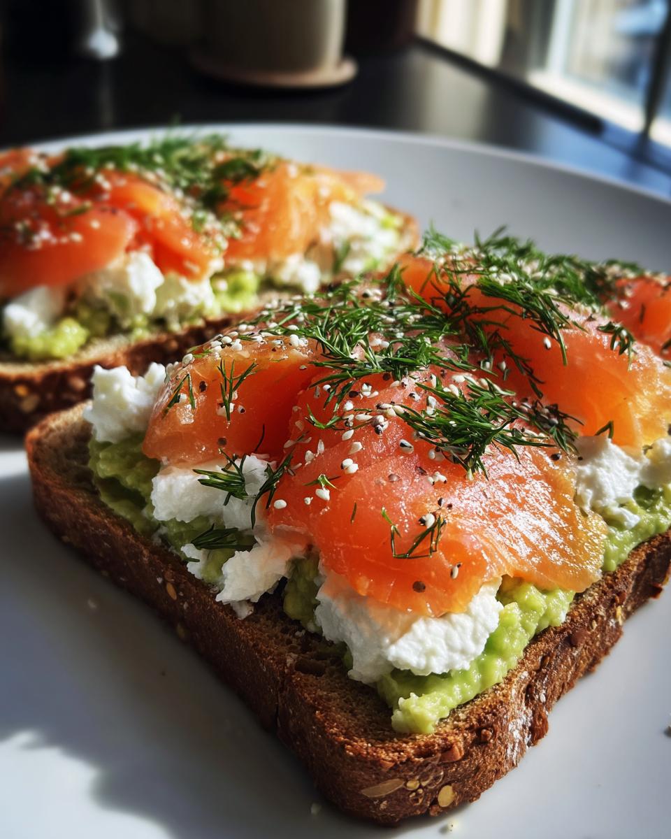 Close-up of savory protein avocado toast topped with smoked salmon, cottage cheese, dill, and sesame seeds.