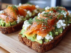 Close-up of savory protein avocado toast topped with smoked salmon, feta cheese, dill, and seeds.
