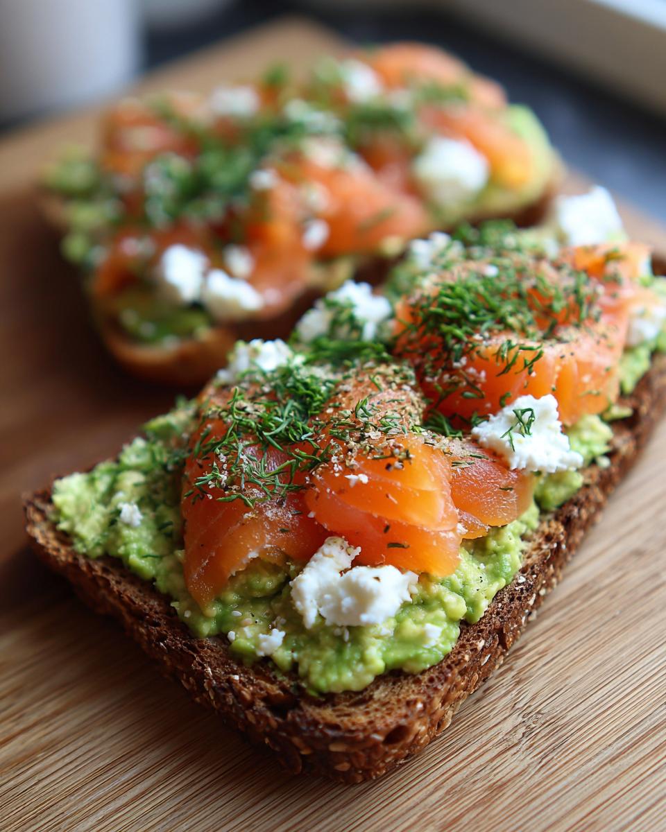 Close-up of savory protein avocado toast topped with smoked salmon, feta cheese, and fresh dill.