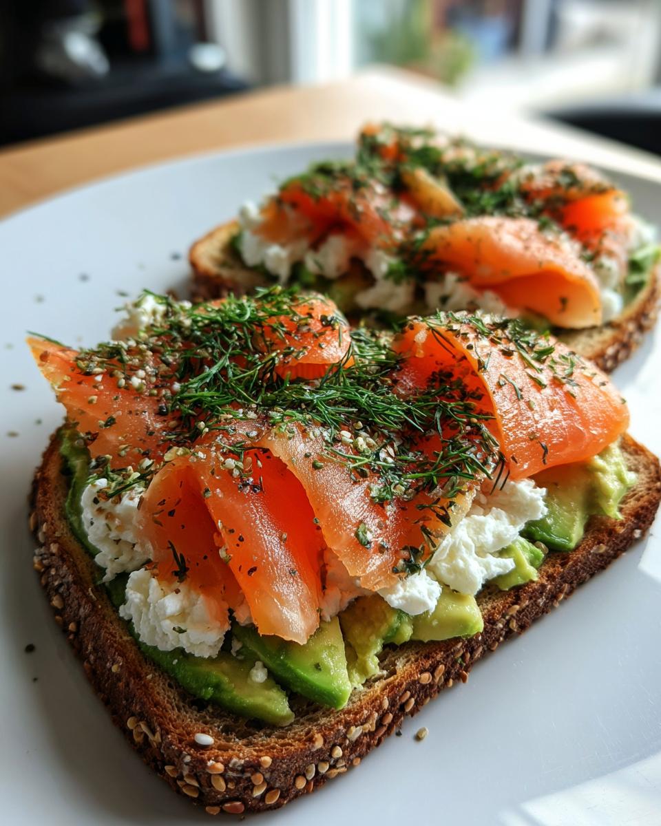 Close-up of two slices of protein avocado toast topped with cottage cheese, smoked salmon, dill, and everything bagel seasoning.