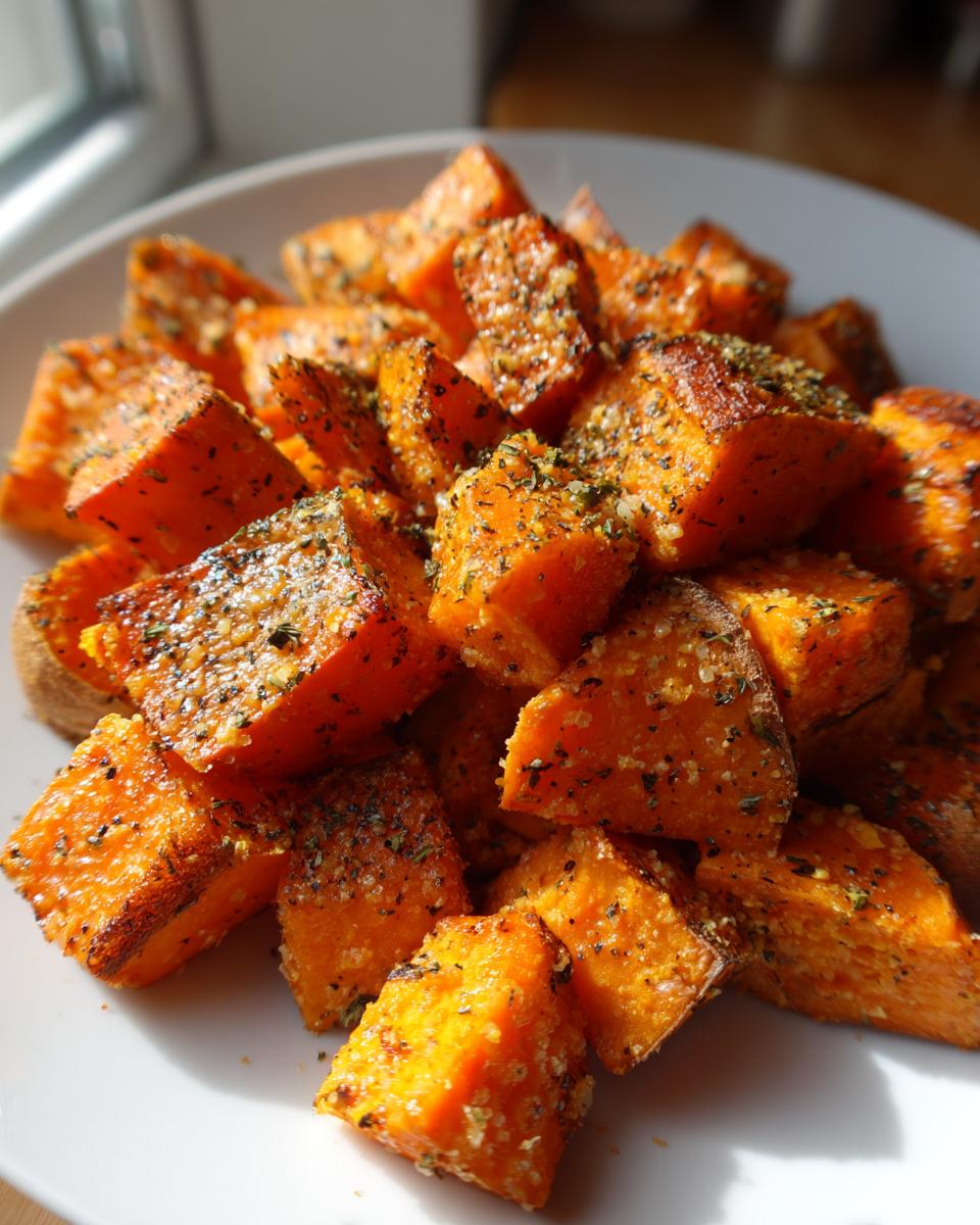 Close-up of roasted, cubed sweet potatoes seasoned generously with herbs and spices on a white plate.