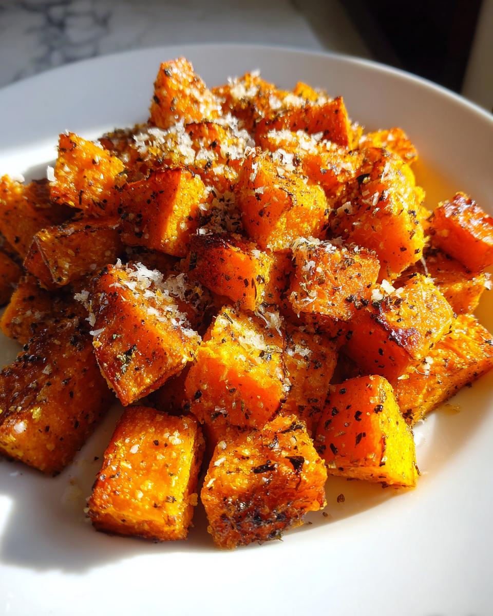 Close-up of perfectly roasted, cubed sweet potatoes seasoned with herbs and topped with grated Parmesan cheese.