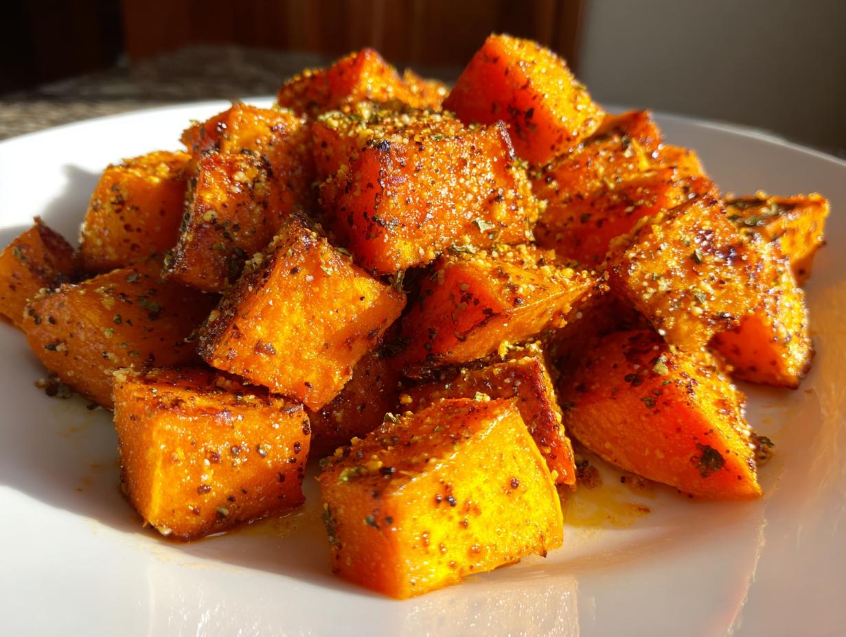 Close-up of perfectly roasted, bright orange savory sweet potatoes cubes seasoned with herbs and spices on a white plate.