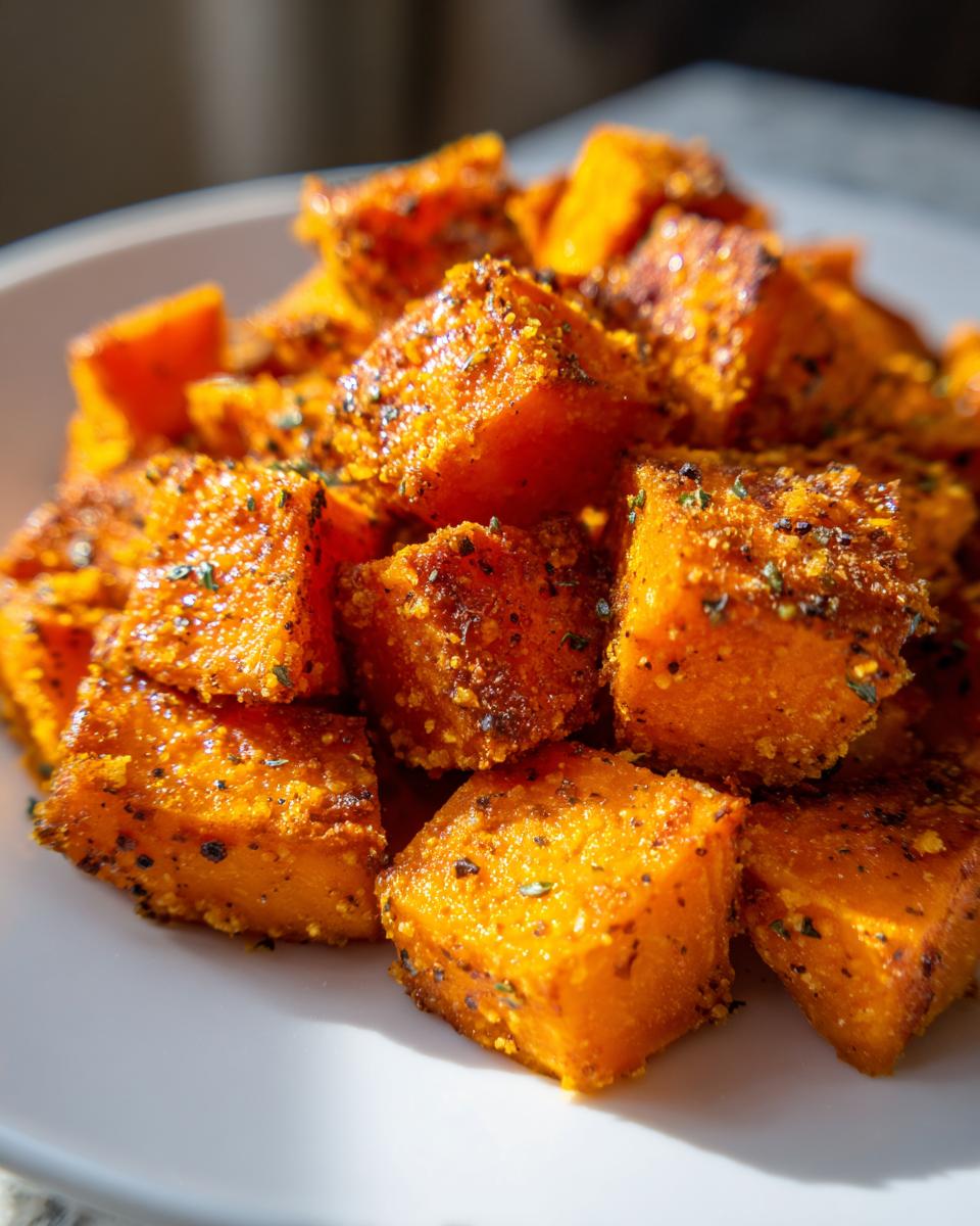Close-up of perfectly roasted, cubed sweet potatoes coated in savory spices and herbs.