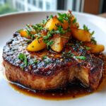 Close-up of a thick, perfectly seared apple pork chops cut, topped with caramelized apple slices and fresh parsley.