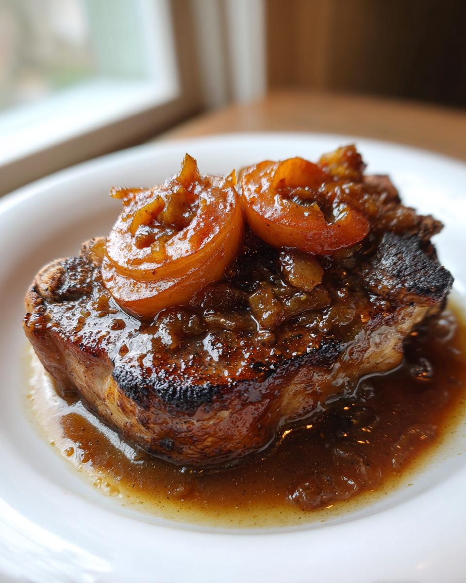 A close-up of a perfectly seared pork chop topped with caramelized apple slices and rich brown sauce, ready to serve for apple pork chops.