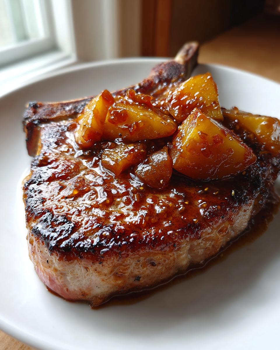 A perfectly seared pork chop topped with caramelized apple chunks, a key component of the apple pork chops recipe.