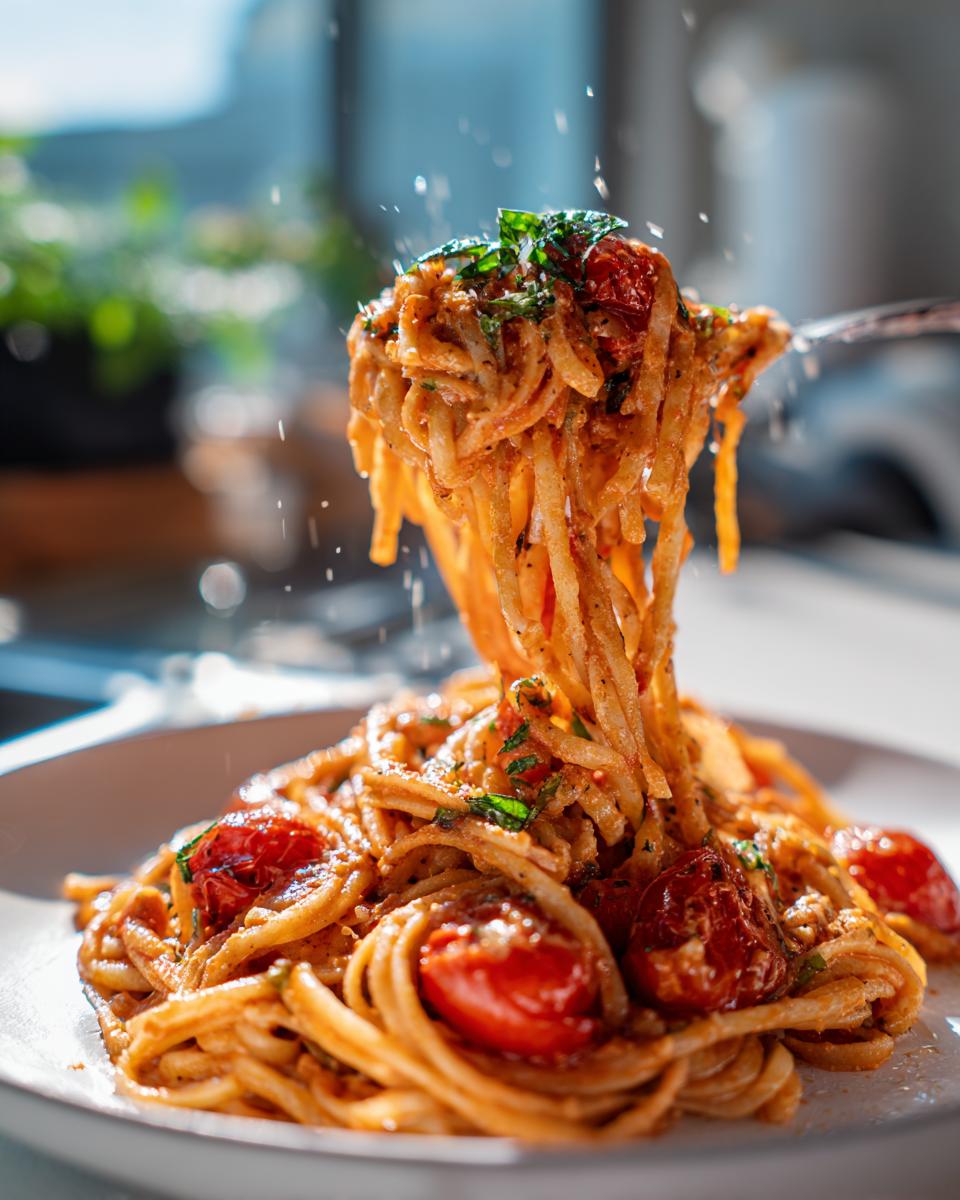 A fork lifting a generous portion of creamy baked feta pasta, topped with roasted tomatoes and fresh herbs, as grated cheese falls onto the plate.