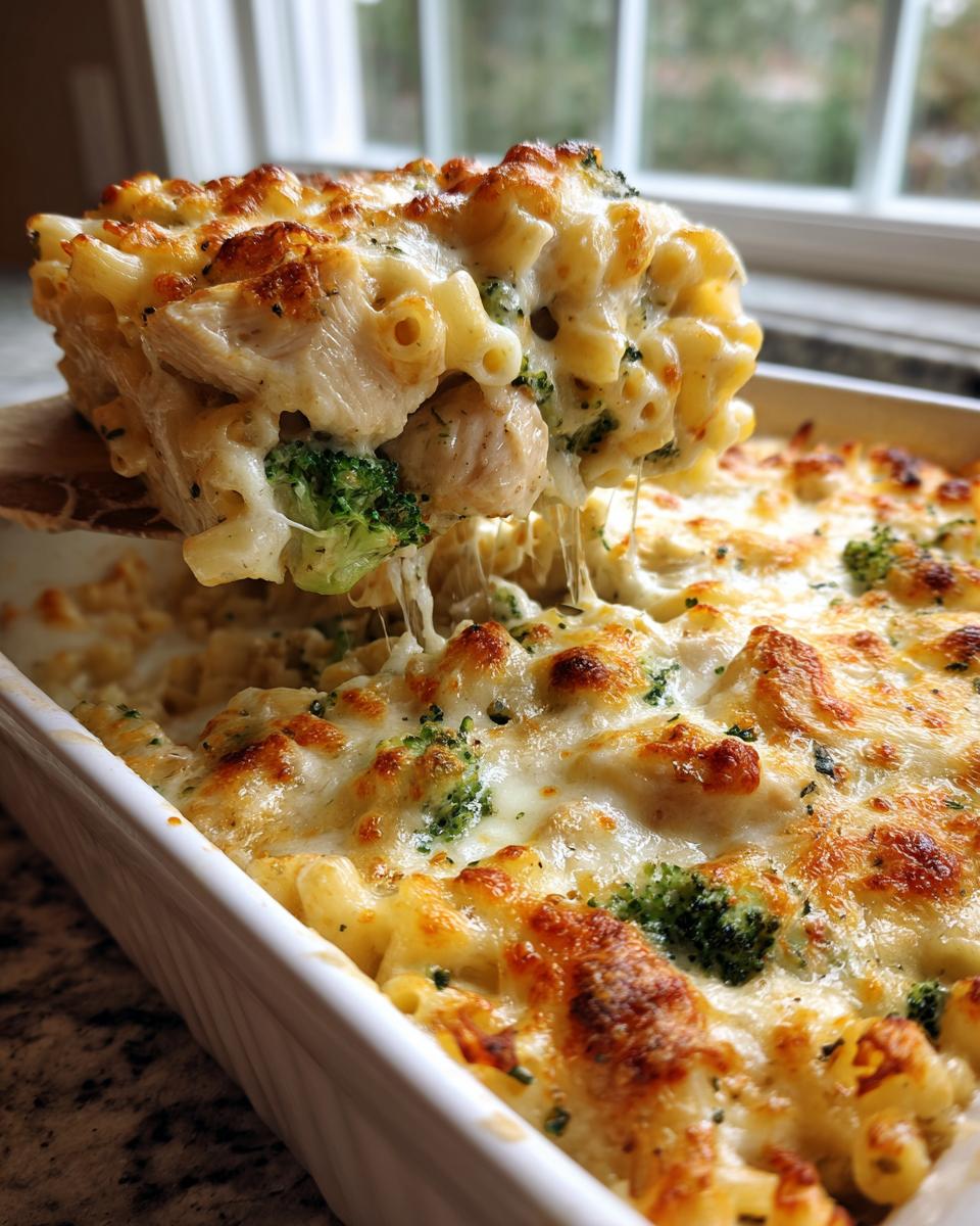 A scoop of cheesy chicken and broccoli alfredo bake being lifted from a white casserole dish, showing melted cheese pull.