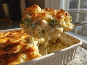 A spoonful of cheesy chicken and broccoli alfredo bake being lifted from a white baking dish, showing melted cheese pulls.