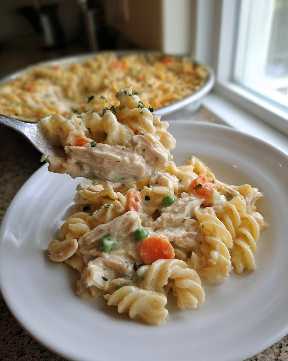 A spoonful of creamy chicken pot pie pasta, featuring rotini noodles, shredded chicken, carrots, and peas, being lifted from a white plate.