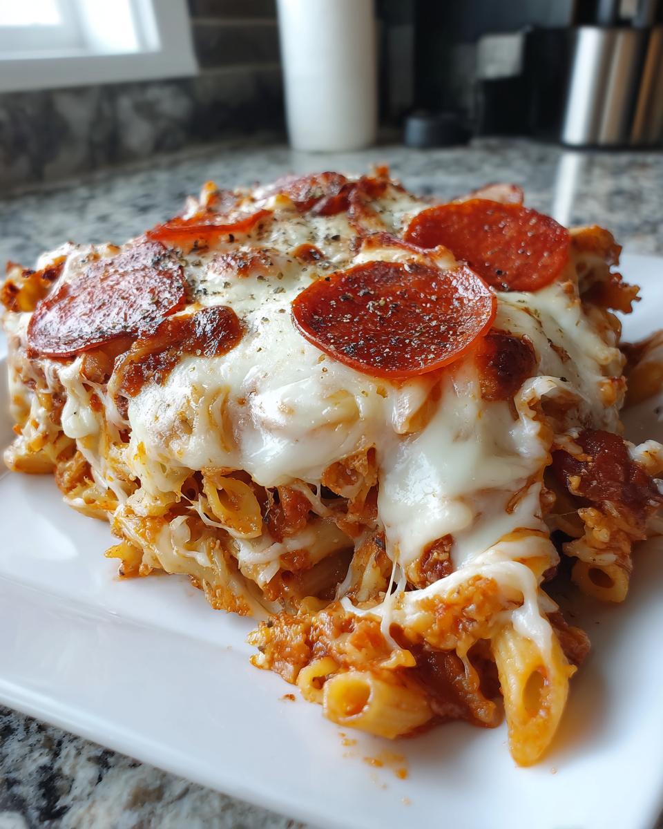 A generous serving of pizza pasta bake topped with melted mozzarella cheese and pepperoni slices.