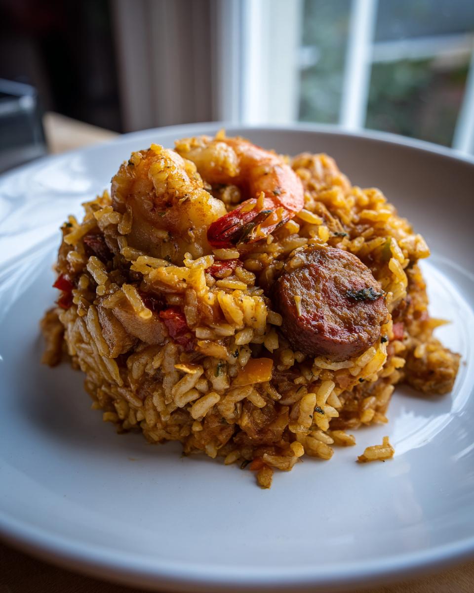 A mound of seasoned rice with shrimp and sliced andouille sausage, representing delicious jambalaya, served on a white plate.