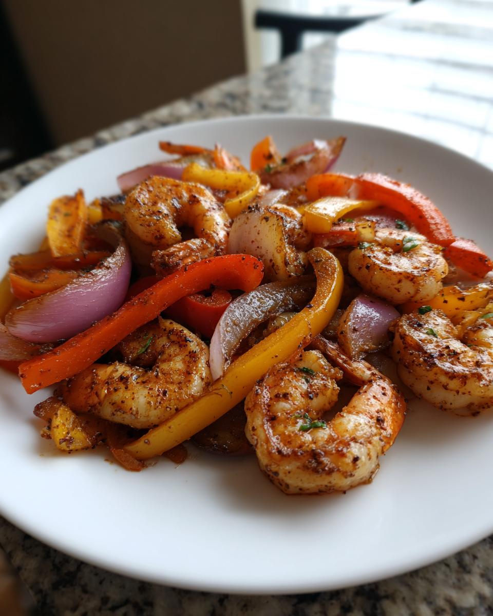 Close-up of perfectly cooked shrimp fajitas featuring seasoned shrimp, red onion, and yellow bell peppers on a white plate.