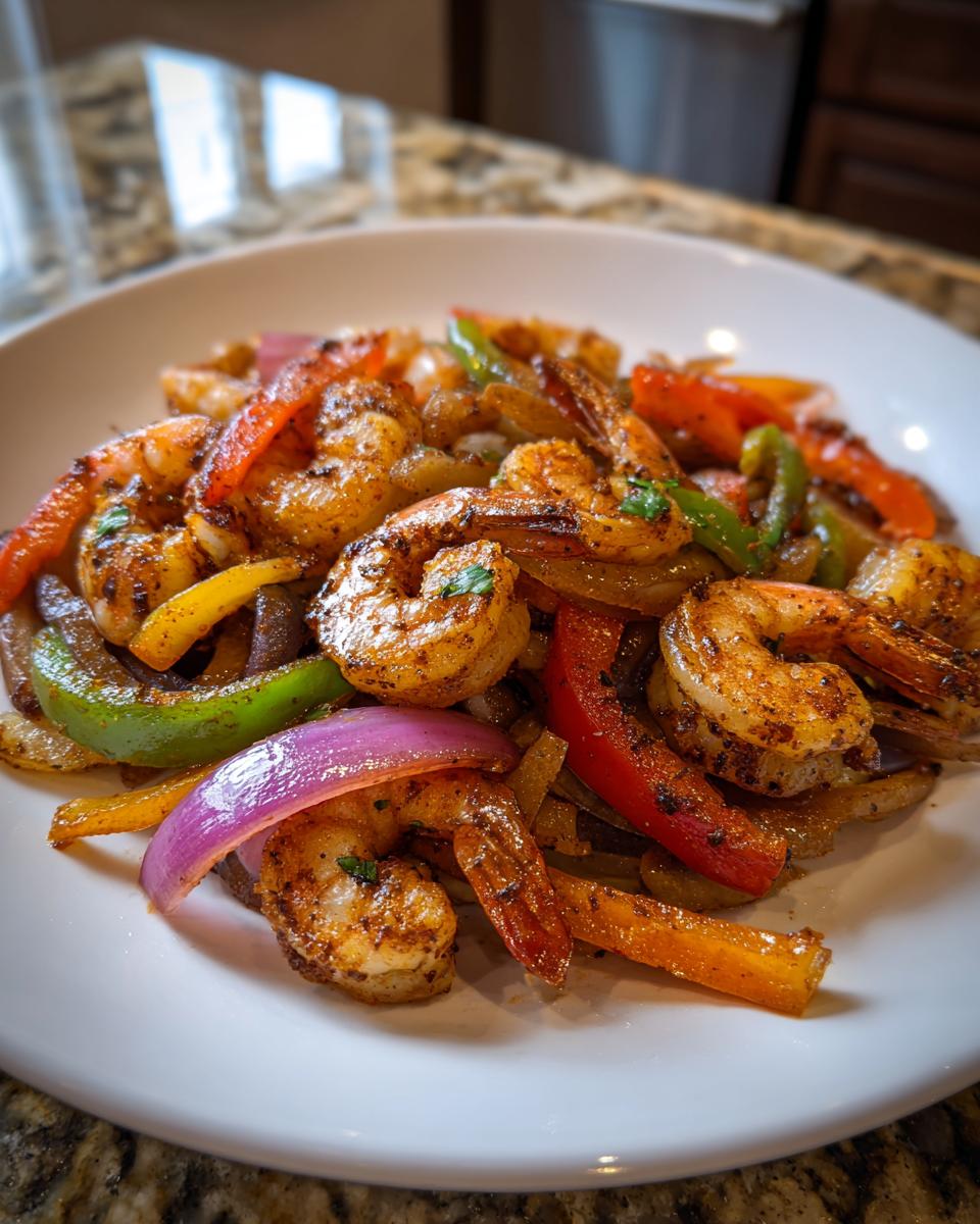 Close-up of seasoned shrimp fajitas with colorful bell peppers and red onion slices served on a white plate.