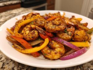 Close-up of seasoned shrimp fajitas with colorful bell peppers and red onions served in a white bowl.
