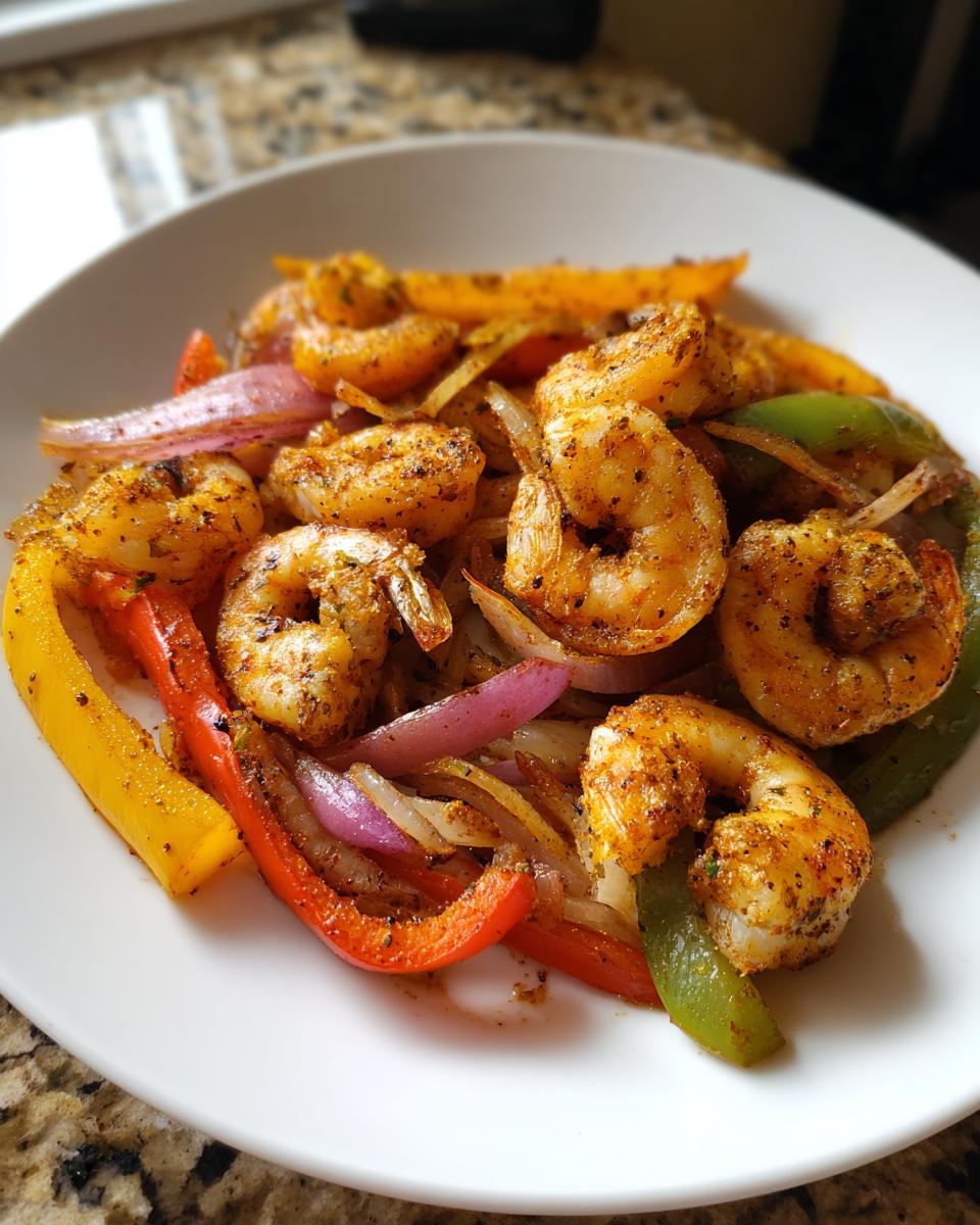 Close-up of perfectly cooked shrimp fajitas featuring seasoned shrimp, red onion, and colorful bell peppers on a white plate.