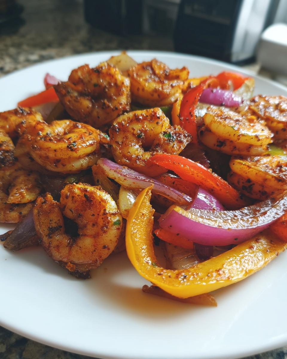Close-up of seasoned shrimp fajitas featuring sautéed shrimp, red onion, and yellow bell peppers on a white plate.