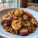 Close-up of a hearty bowl of shrimp and sausage jambalaya, garnished with fresh parsley.