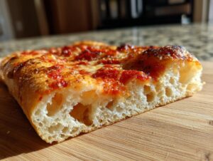 Close-up of a thick, airy slice of Sicilian pizza showing the bubbly, golden-brown crust and bright red sauce.
