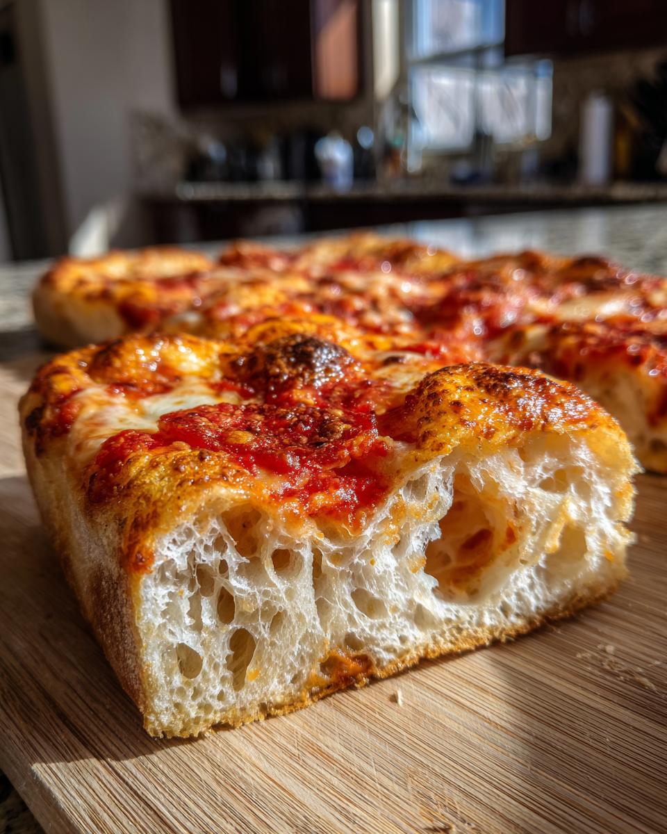 Cross-section view highlighting the airy, open crumb structure of a thick slice of Sicilian pizza.